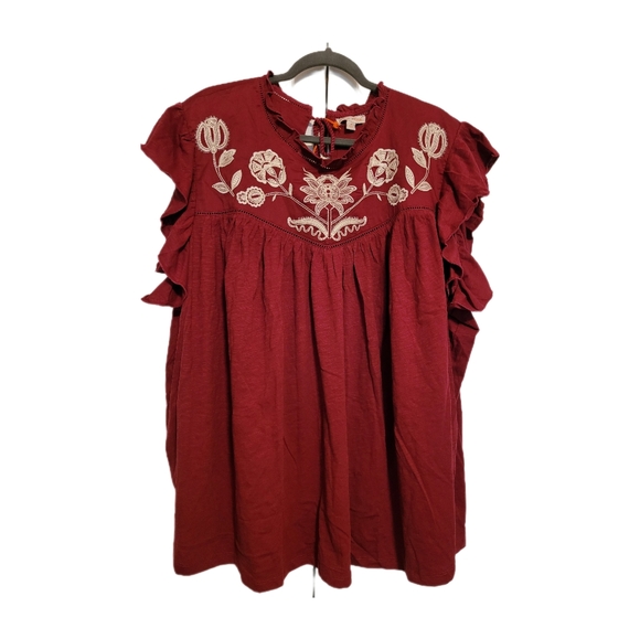 Knox Rose flutter sleeves Embroidered top. Wine in color, Sz 4x, NWT. - Picture 4 of 7